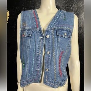 Vintage L Denim Blue Jean Vest Western Wear Boho Hippie Embroidered Floral Rare